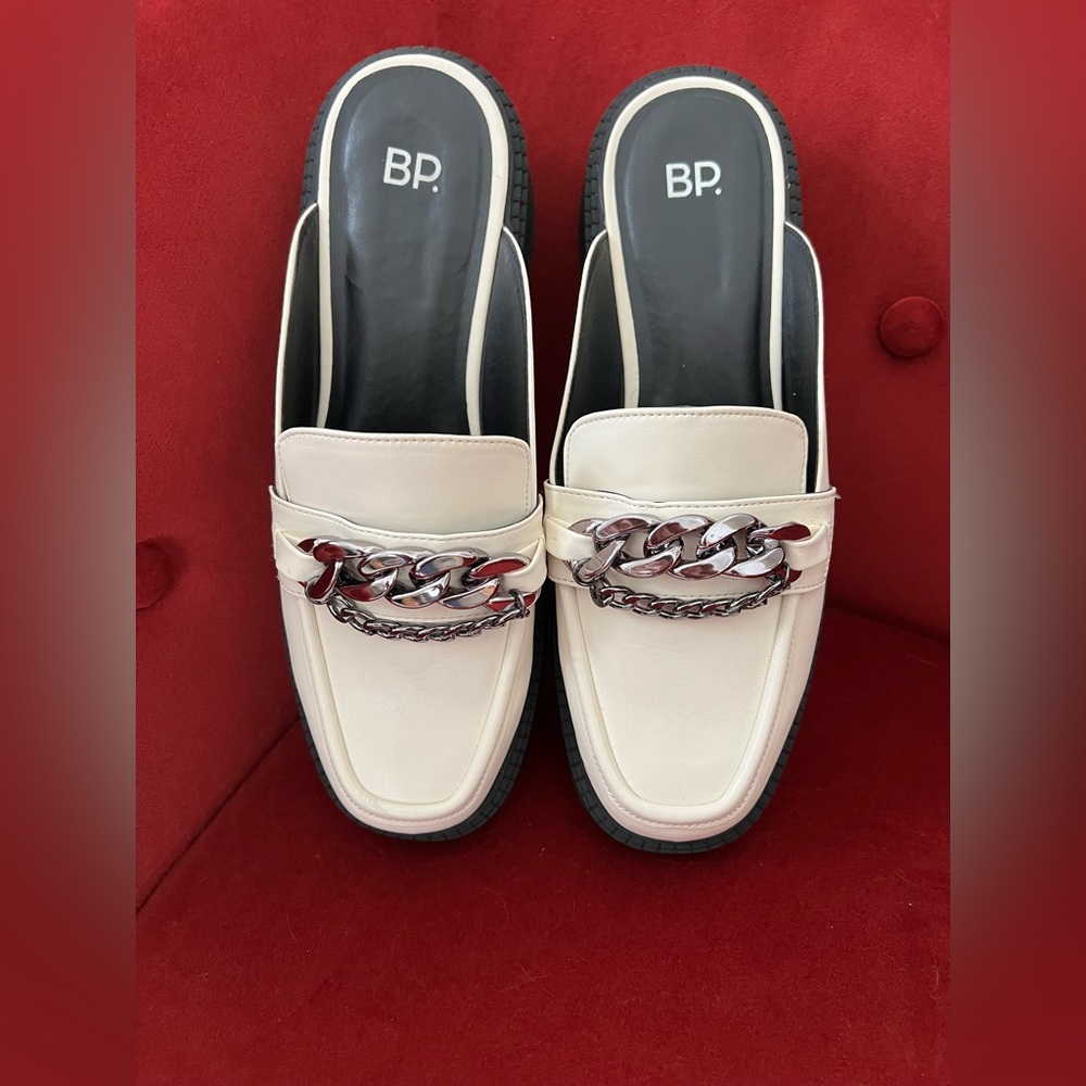 BP White Leather with Chain Loafer Mules